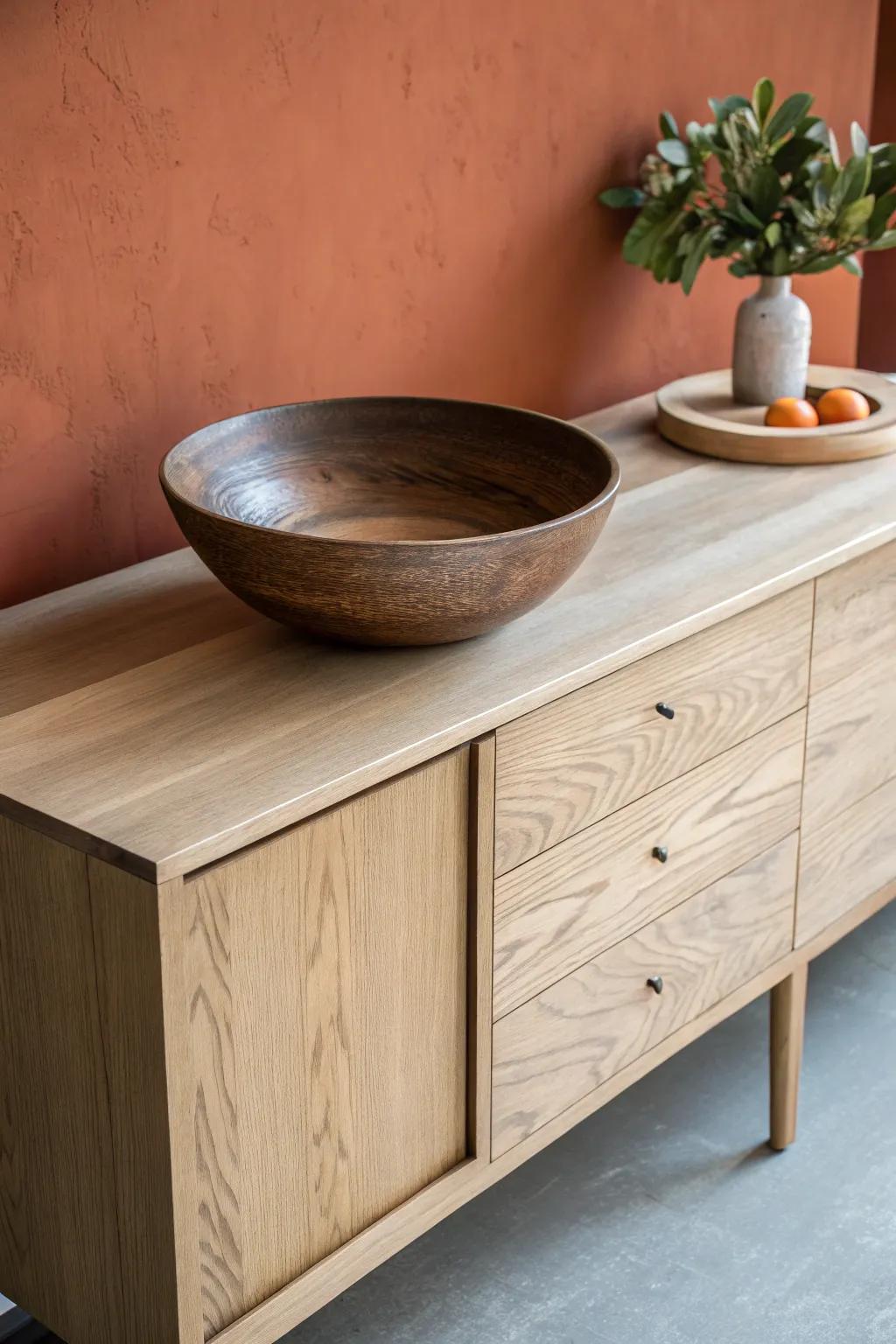 Let the center breathe—one sculptural wooden bowl makes your buffet decor feel intentional.
