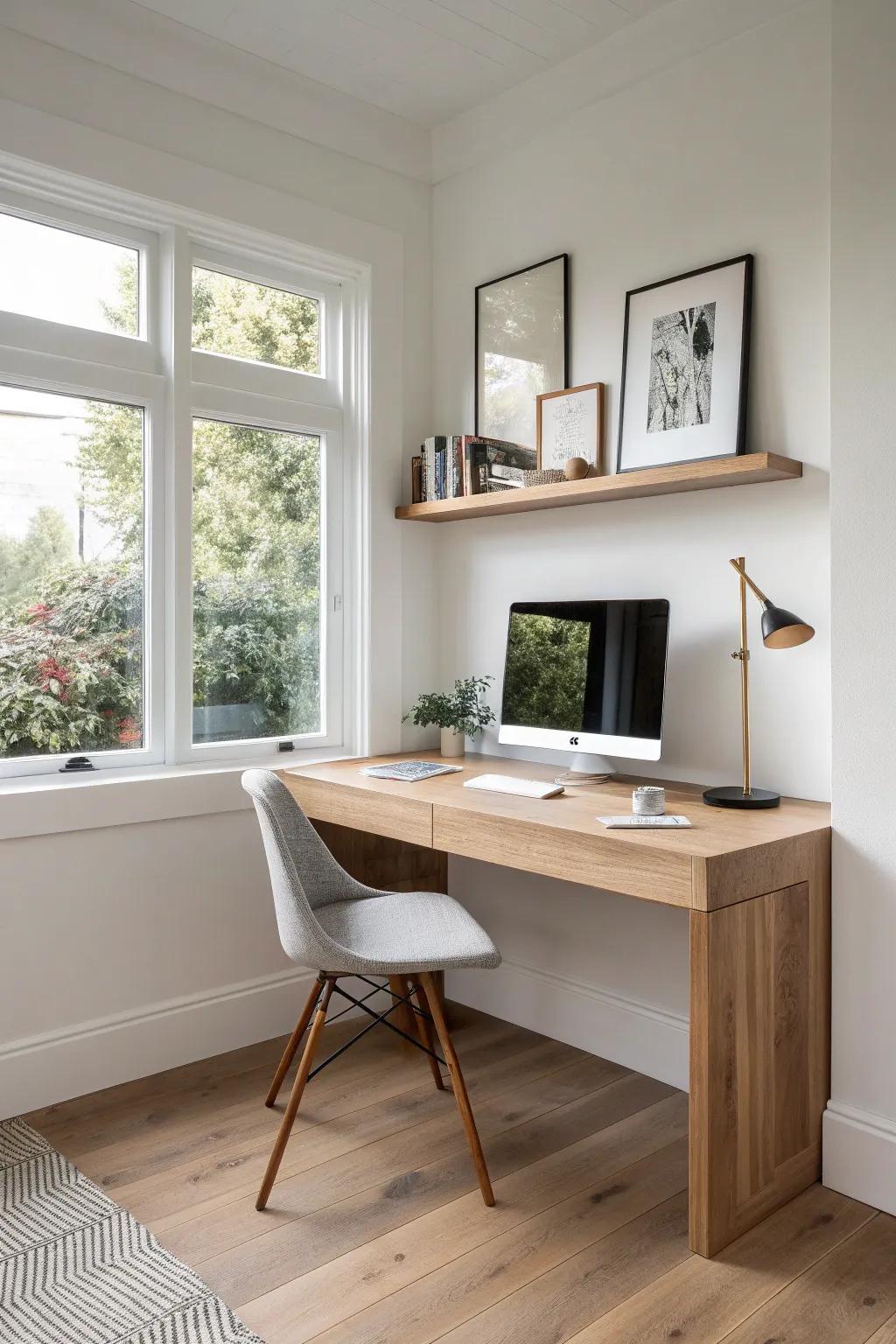 Floating corner desk with hidden support—sleek Scandinavian lines, warm wood, airy space.