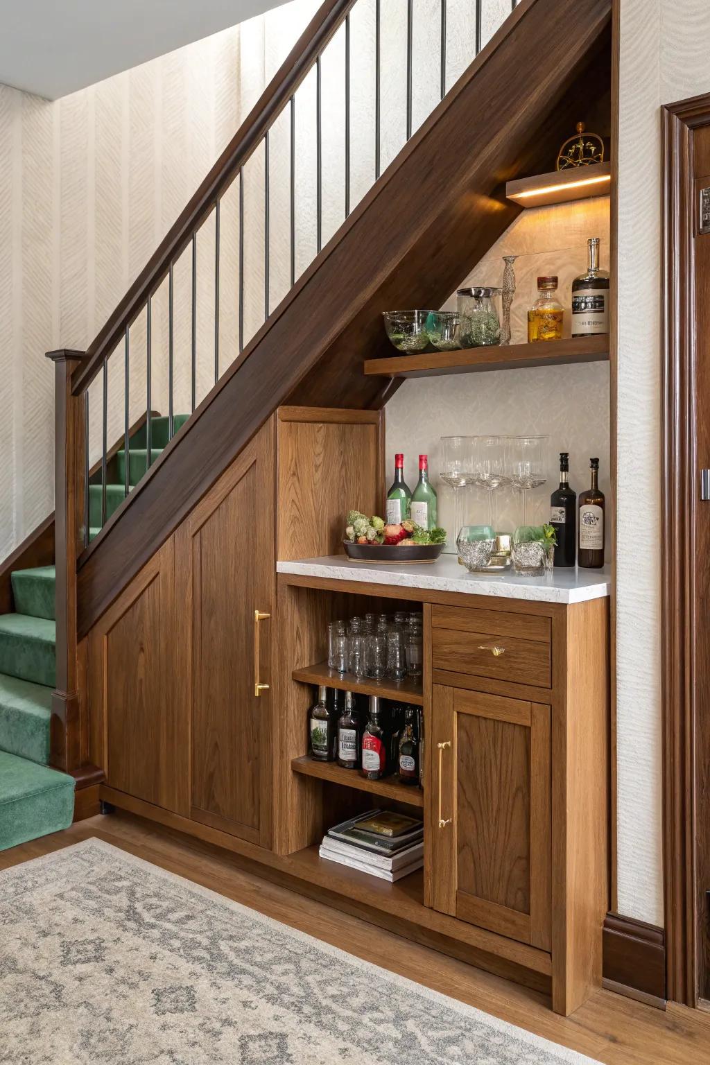 Turn that under-stair angle into a sleek walnut dry bar with bold emerald contrast.