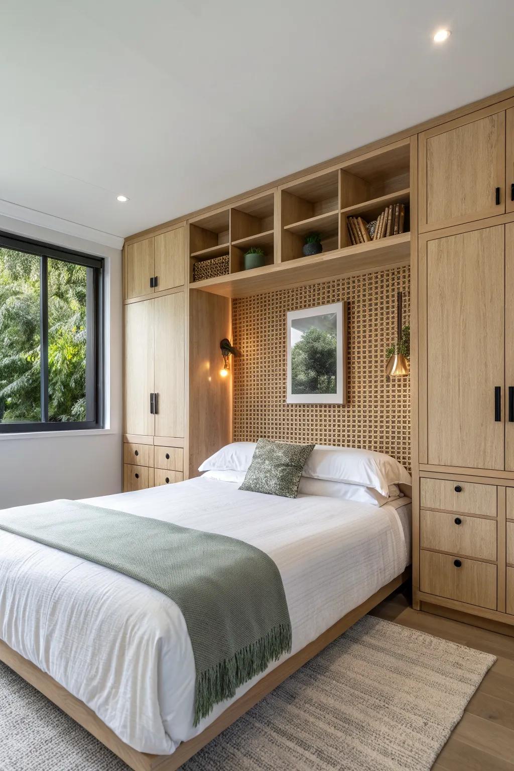 Over-the-bed bridge cabinets deliver a seamless built-in headboard and extra storage up high.