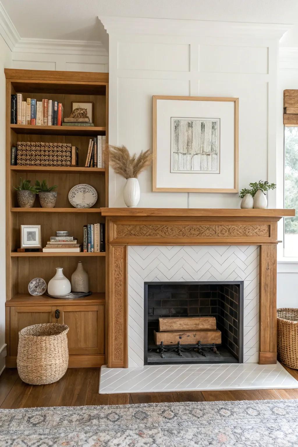 Built-in bookcases that frame the fireplace—matched wood tones for a cozy bungalow library look.