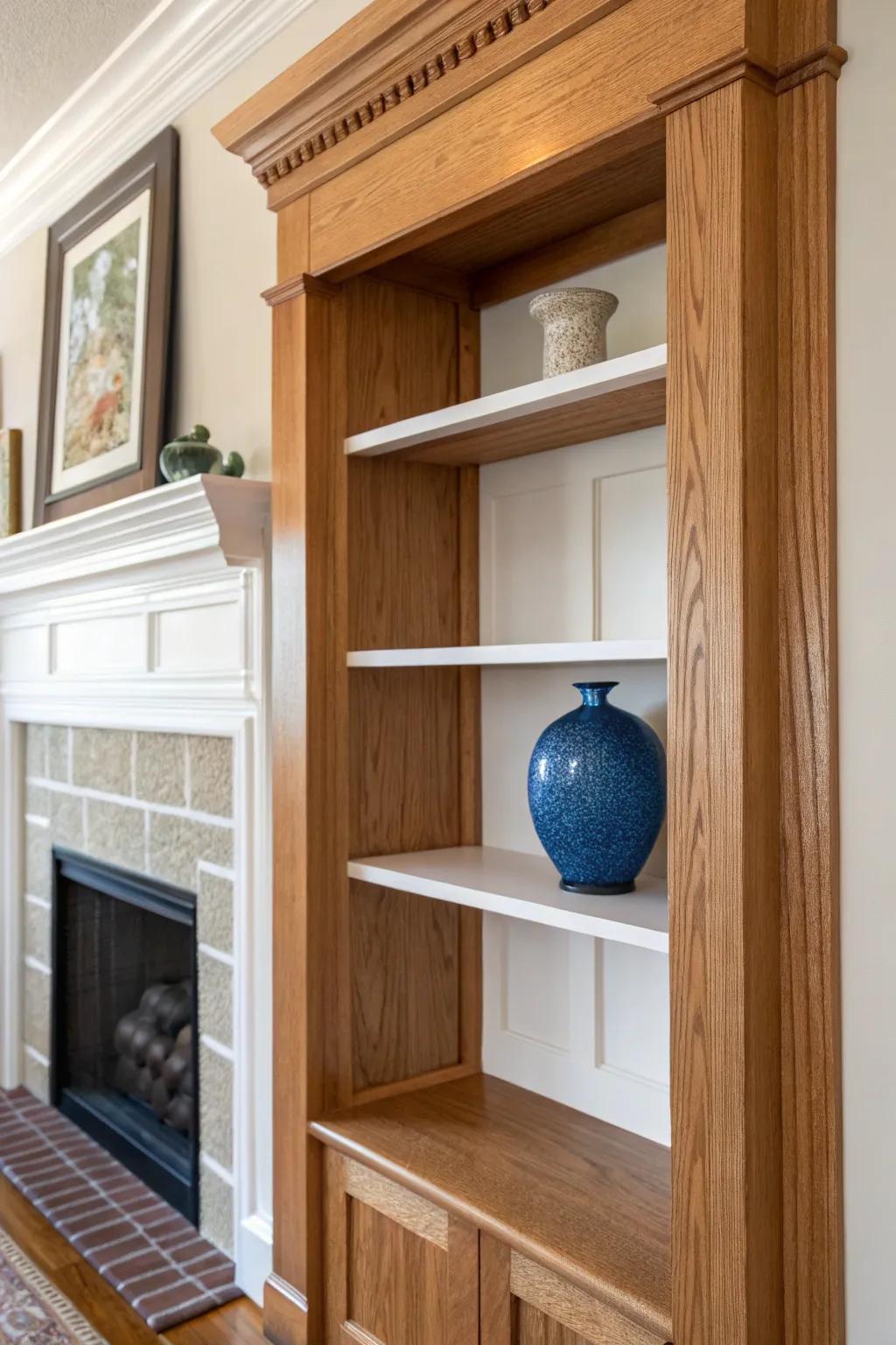 Period-right built-ins: trim-matched oak shelves that feel like they’ve always been there.