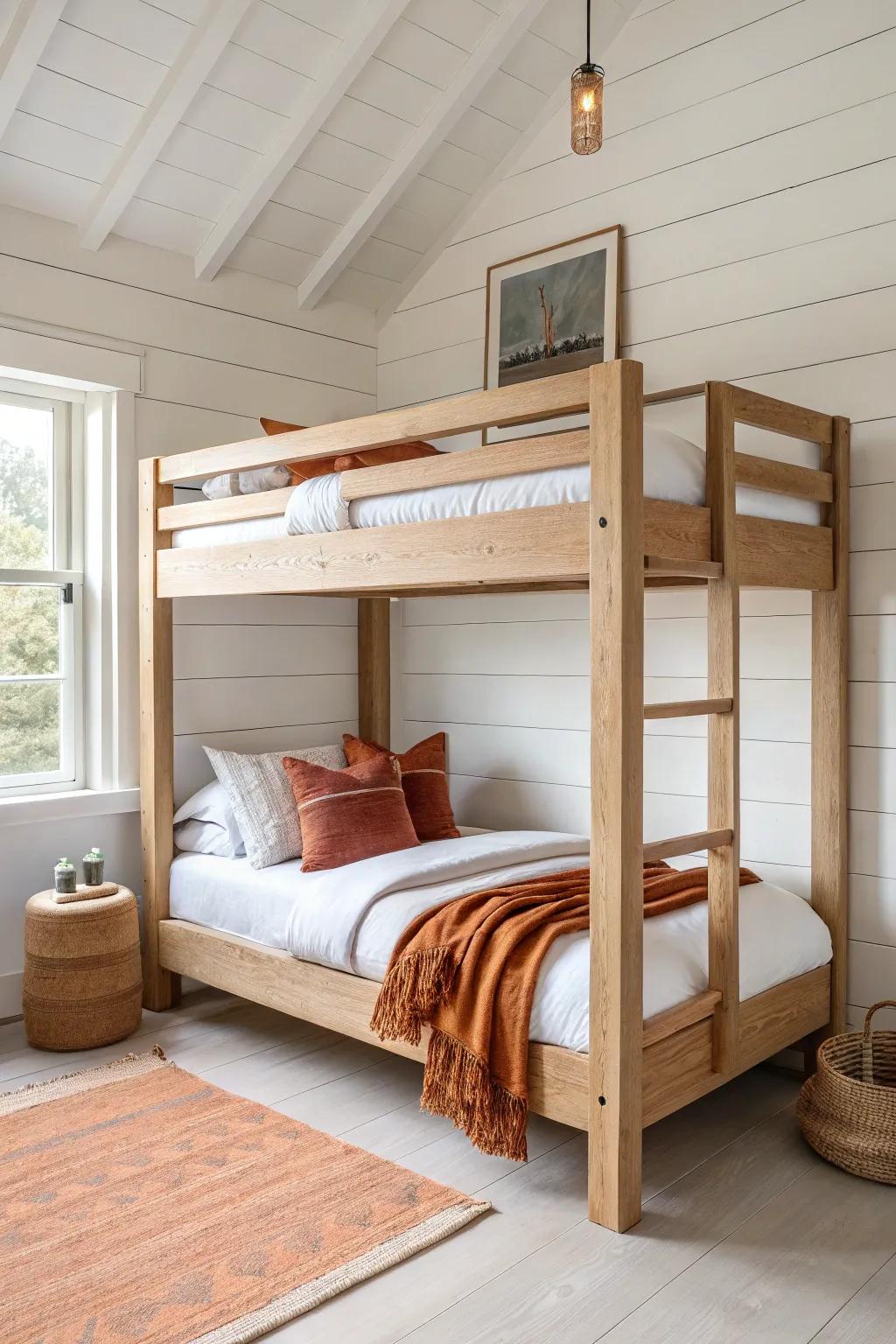 Shiplap behind warm oak bunks feels built-in—Scandi clean with a cozy boho touch.