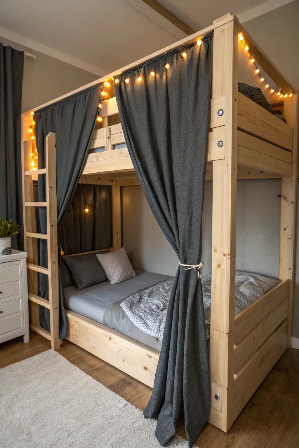 String-light cozy cave fort under the bunk—dark curtains, warm glow, perfect reading nook.