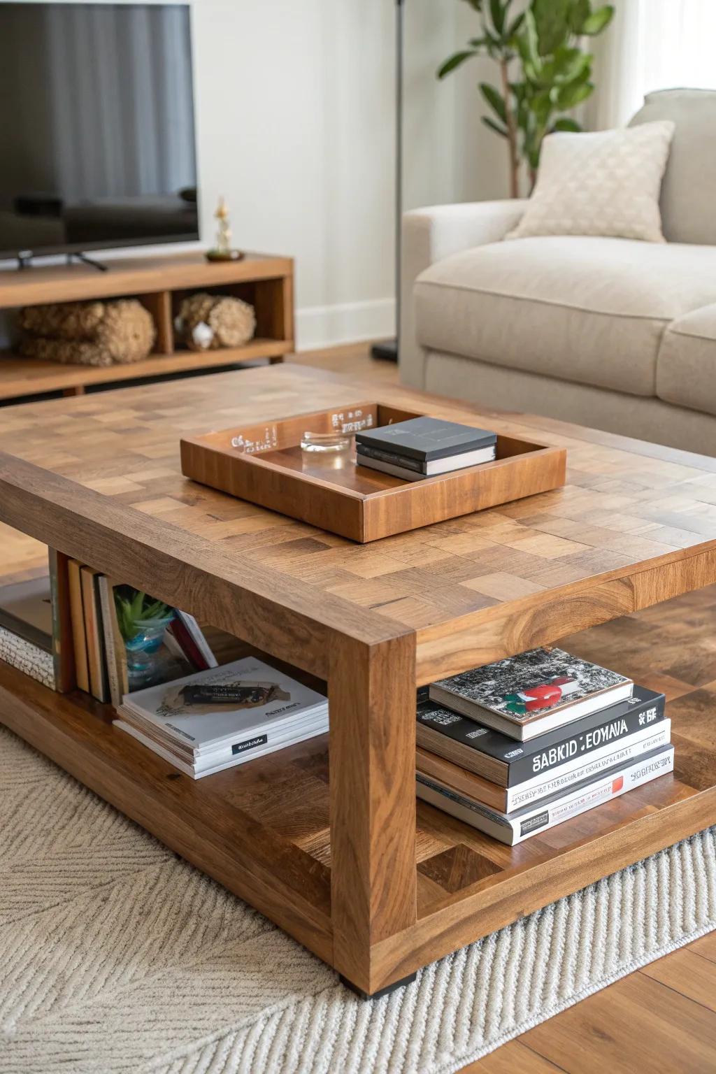 A matte butcher block coffee table with crisp edges—and a low shelf for books and board games.