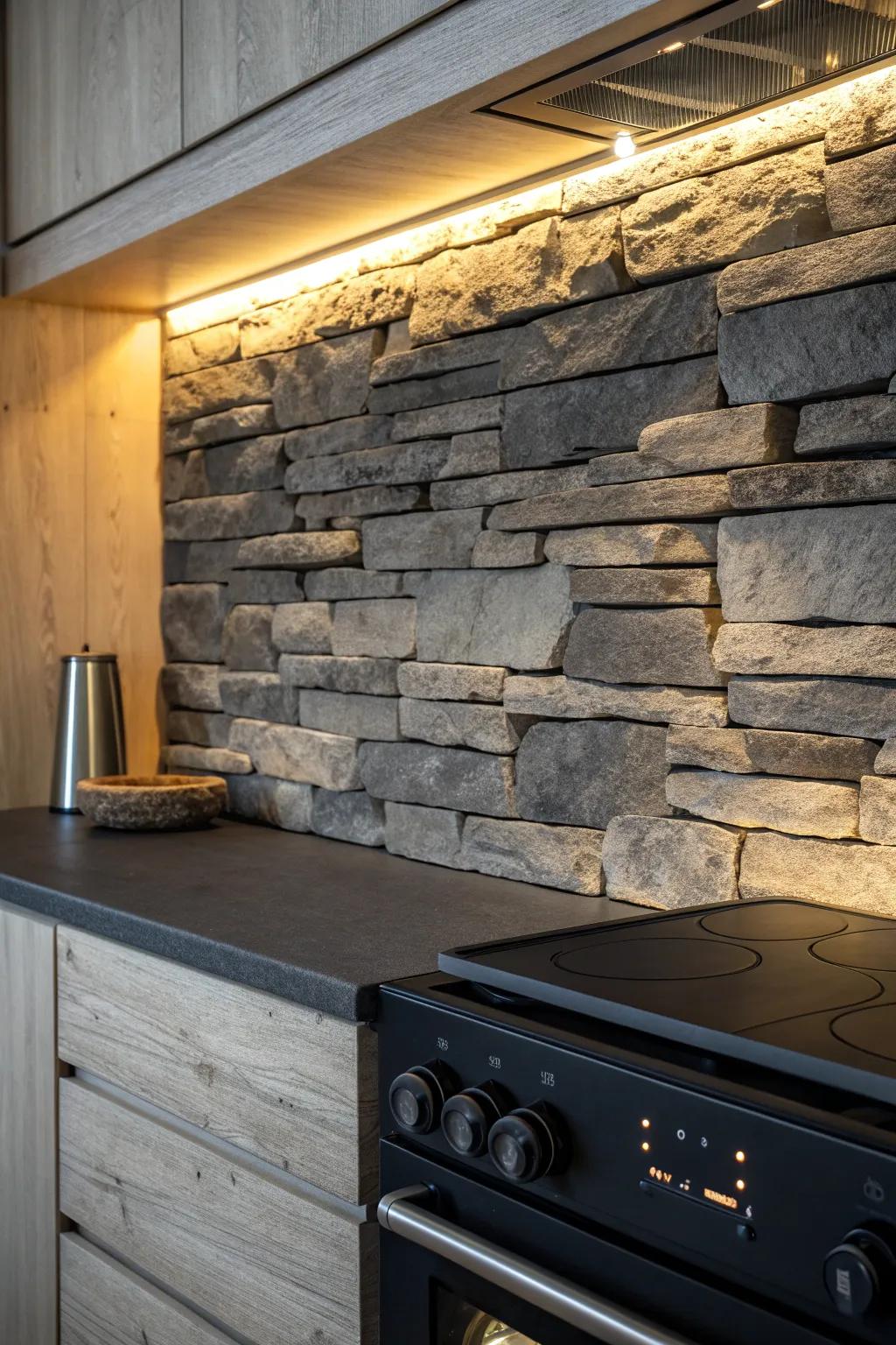 Warm under-cabinet glow makes stacked stone behind the range a cozy cabin focal point.