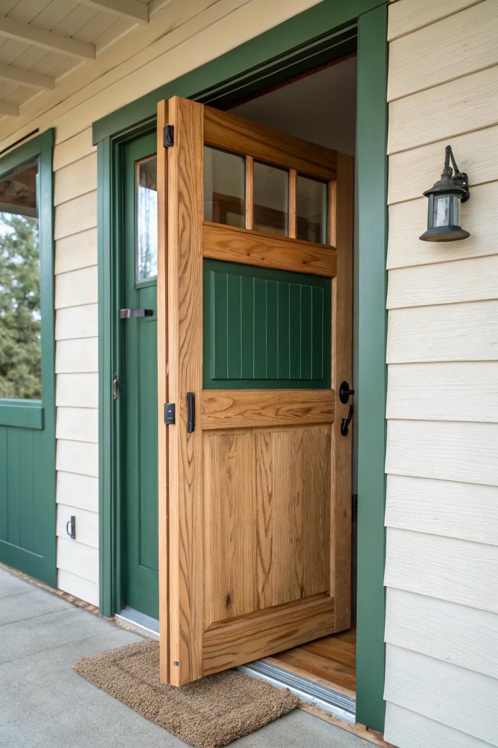 Forest‑green Dutch door: open the top for breezes, keep pets and mud outside—cabin charm.