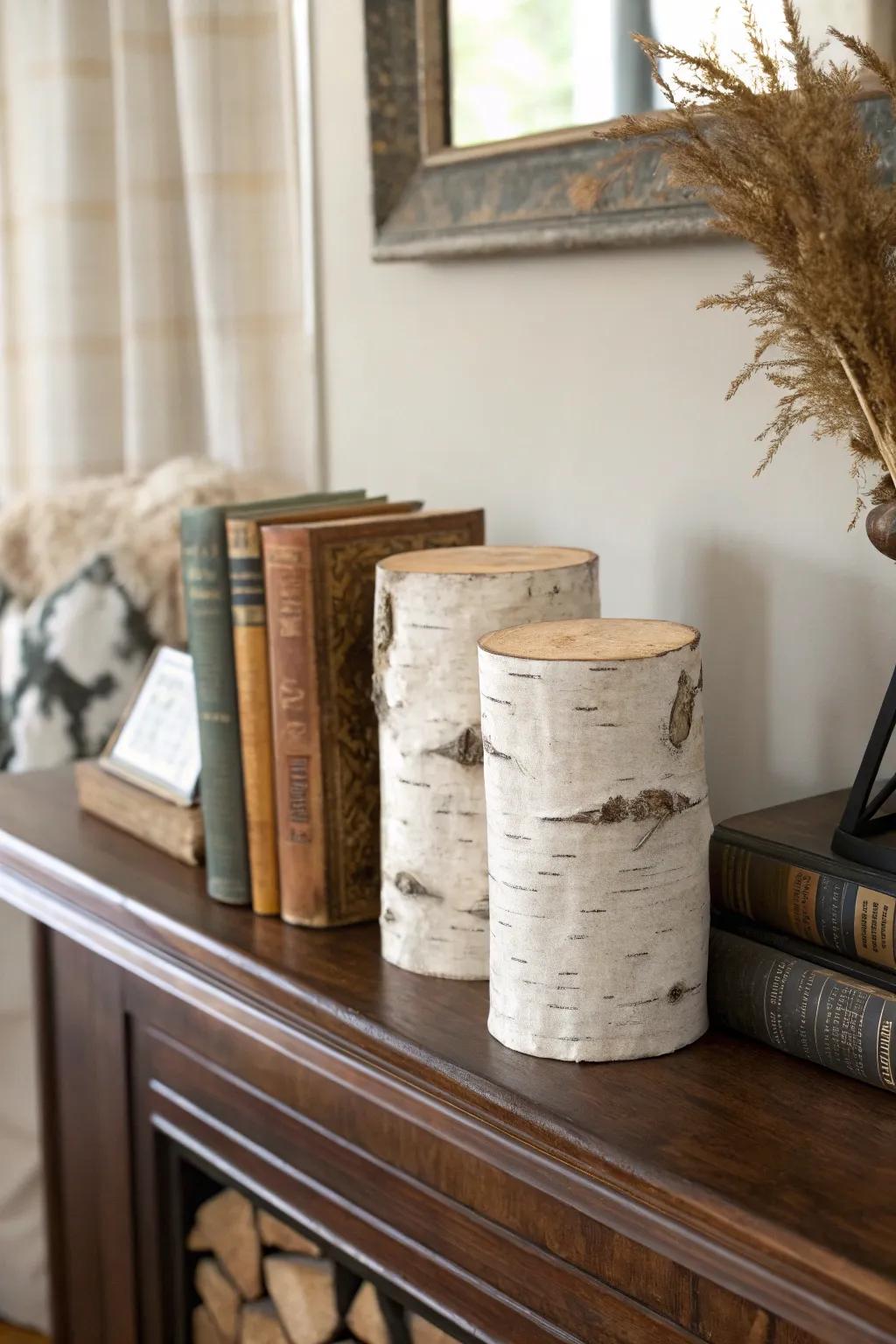 Pale birch log bookends glow in firelight, popping against a dark cabin mantel.