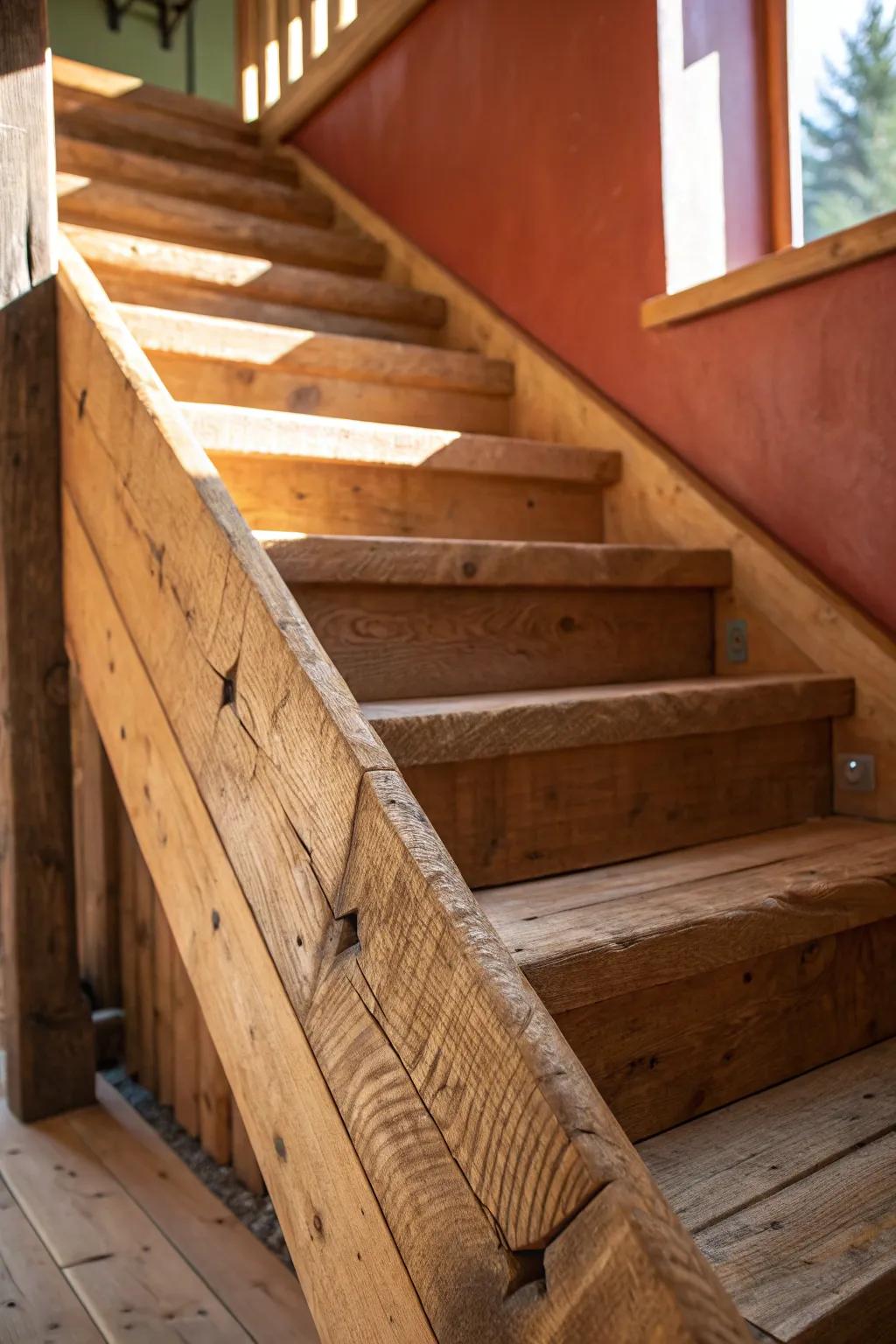 Chunky rough-sawn stringers turn simple cabin stairs into a bold timber-frame statement.