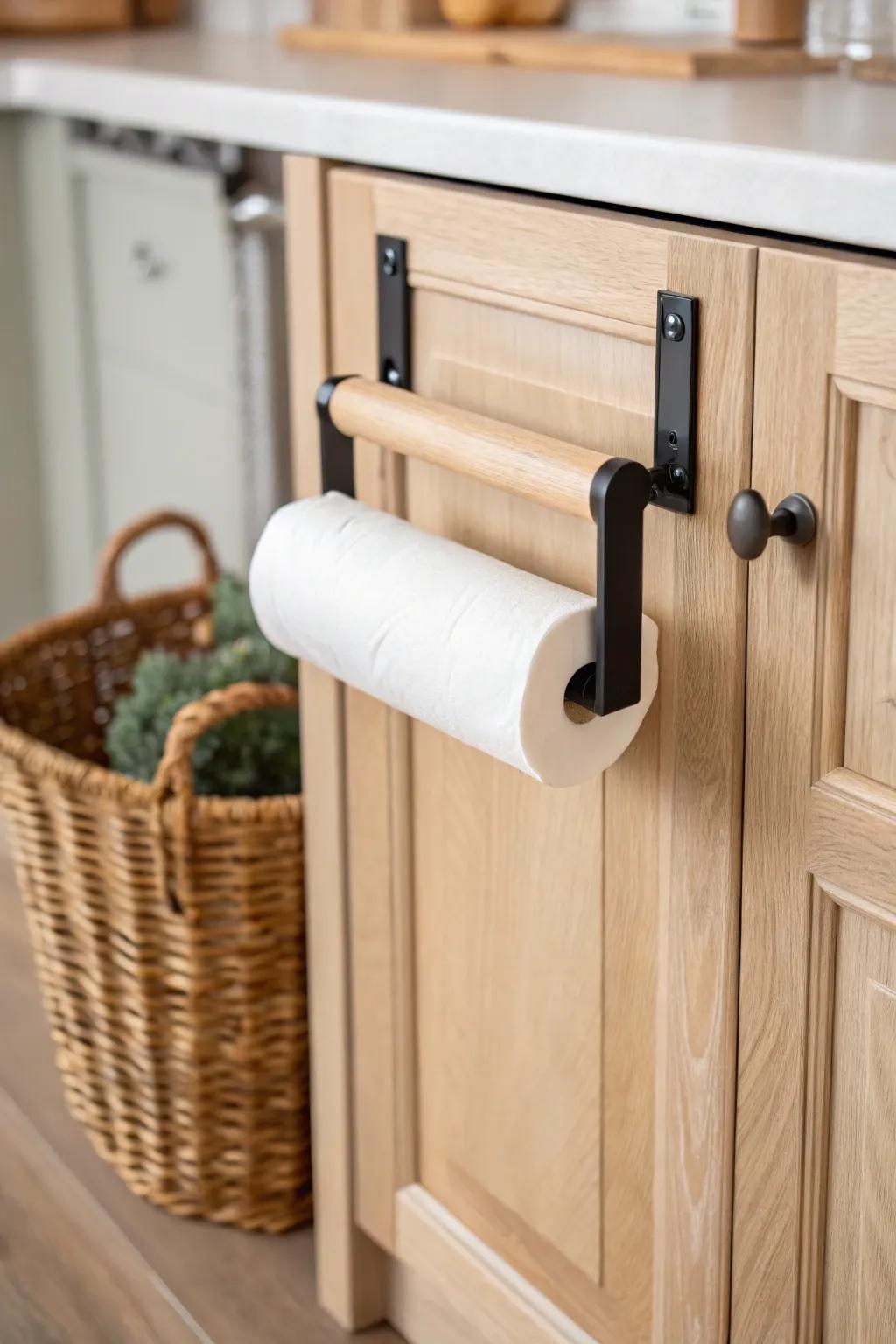 A dowel-on-door trash bag dispenser: tidy rolls, sleek contrast, and handcrafted simplicity.