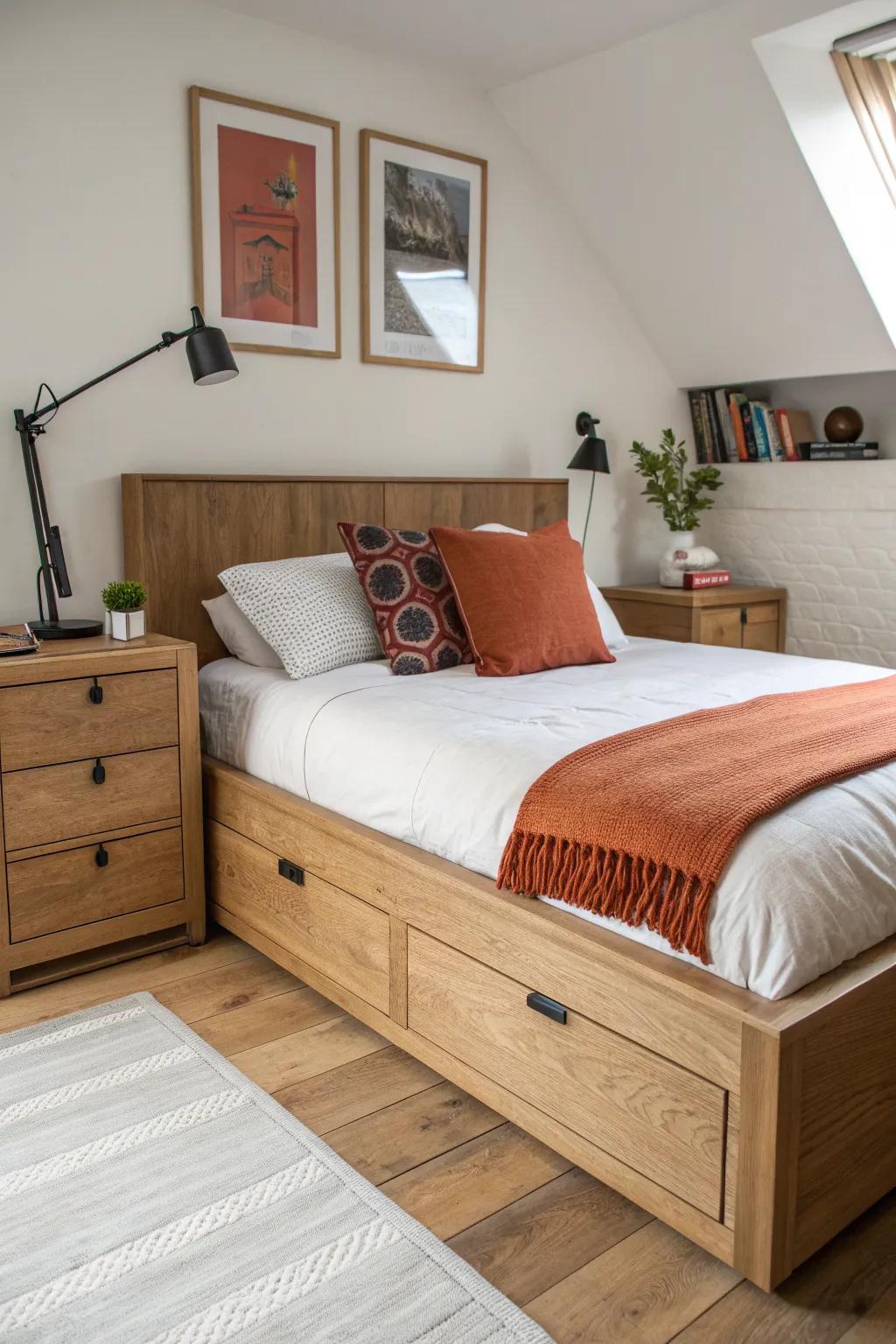 Diagonal bed with built-in floating nightstands squares the corner and keeps essentials close.