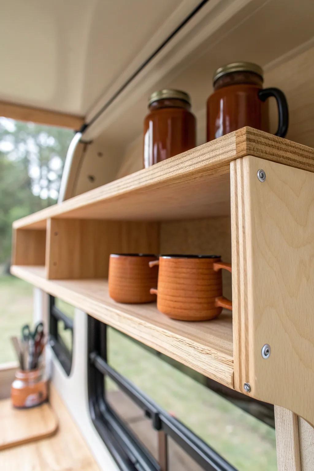 Drop in a shelf riser to double camper cabinet space—no more wasted “dead air” above stacks.
