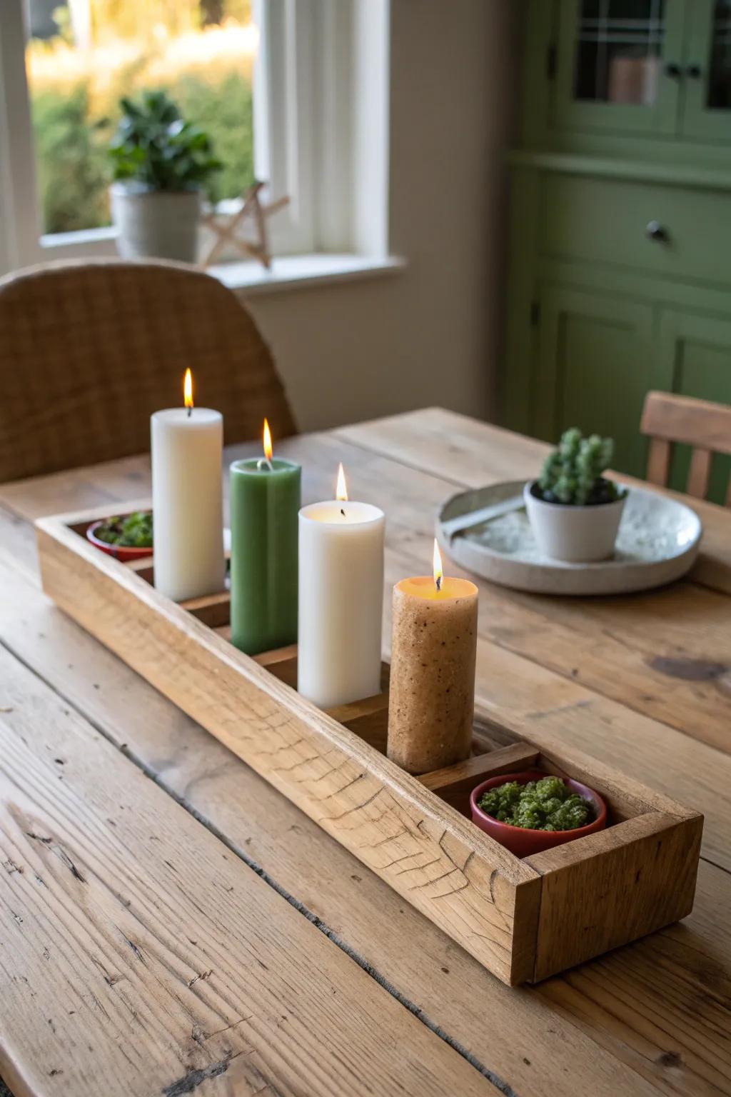 A long reclaimed-wood trough tray turns simple tapers into a bold, runner-style centerpiece.