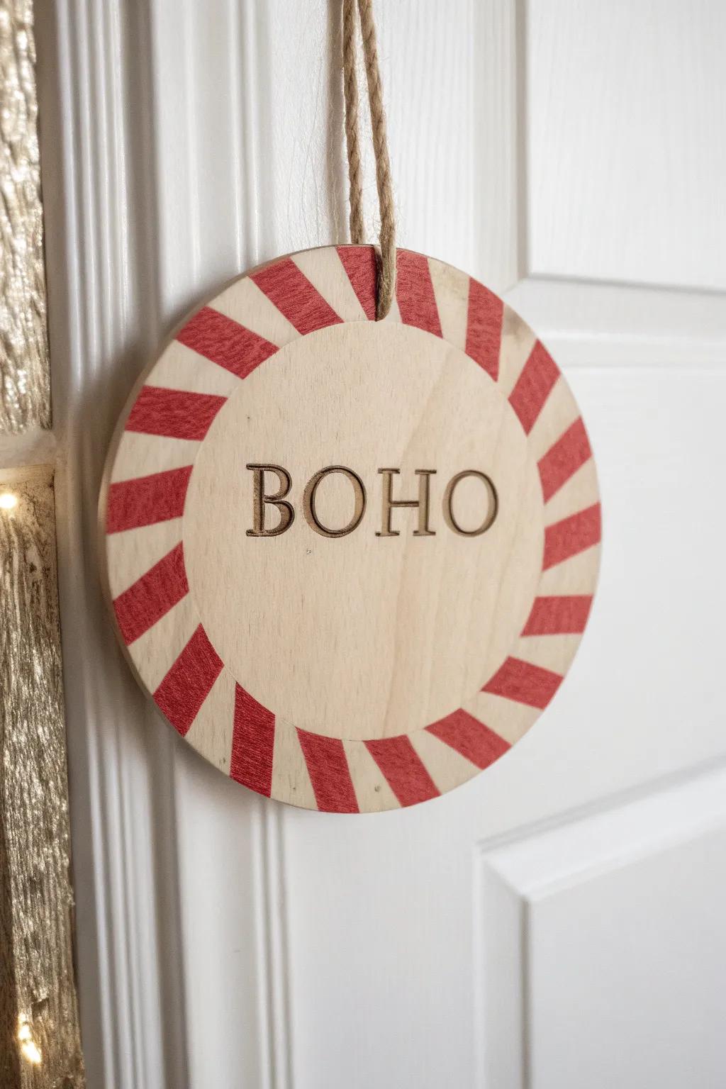 Minimal birch door sign with a bold candy-cane border—simple, festive, and beautifully handmade.