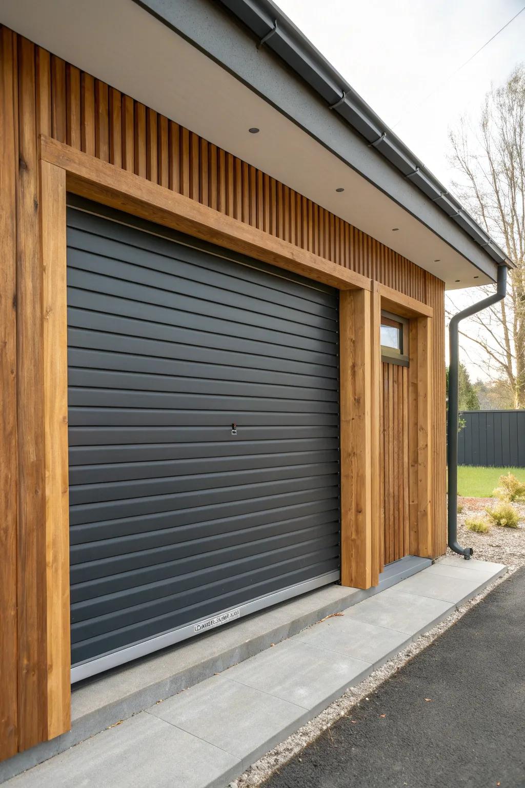 Industrial roll-up, softened with warm wood trim—sleek security with Scandinavian calm.