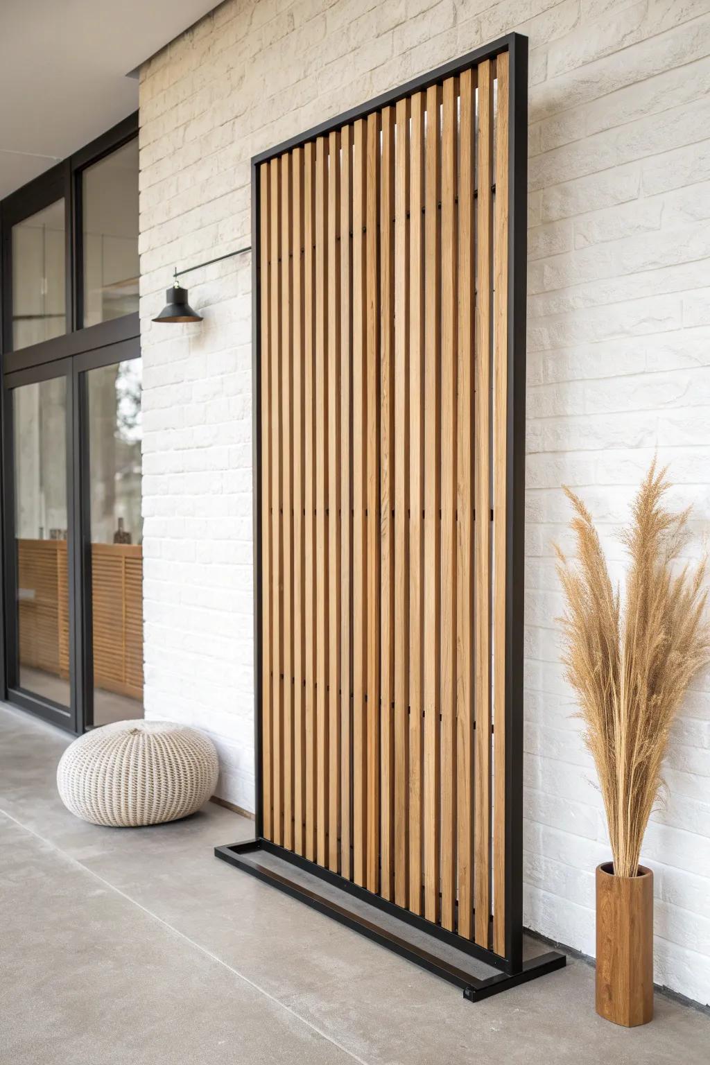 Vertical wood slats add height and style—warm oak and black steel for a modern carport wall.