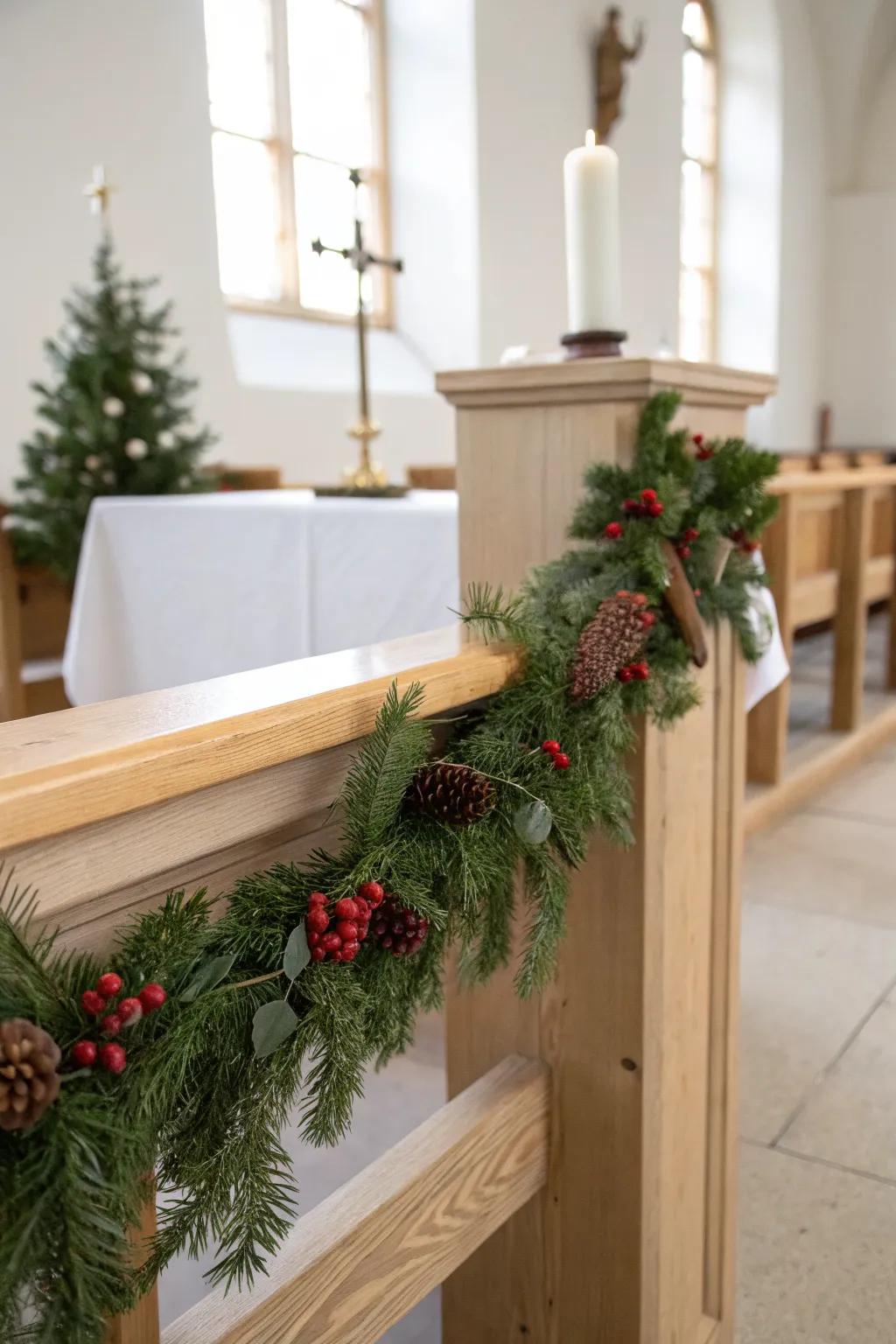 Minimal evergreen garland on a slim oak rail—solemn Advent beauty for the altar front.