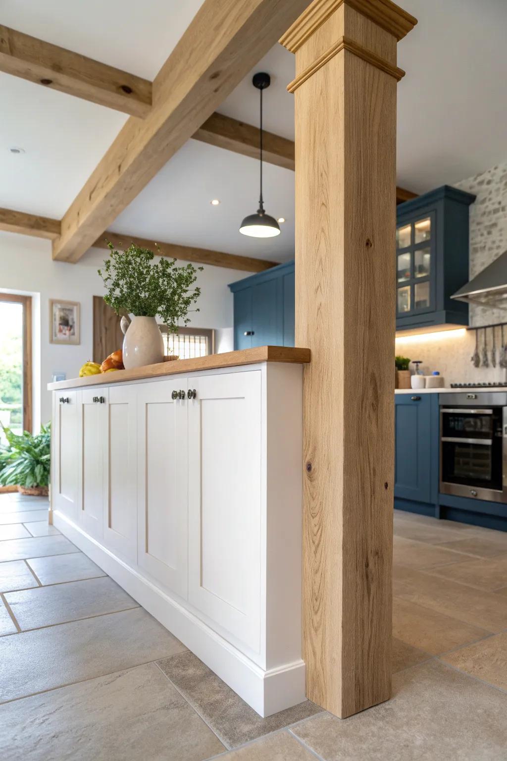 Chunky oak posts on a knee wall add a grounded, airy transition between ceiling heights.