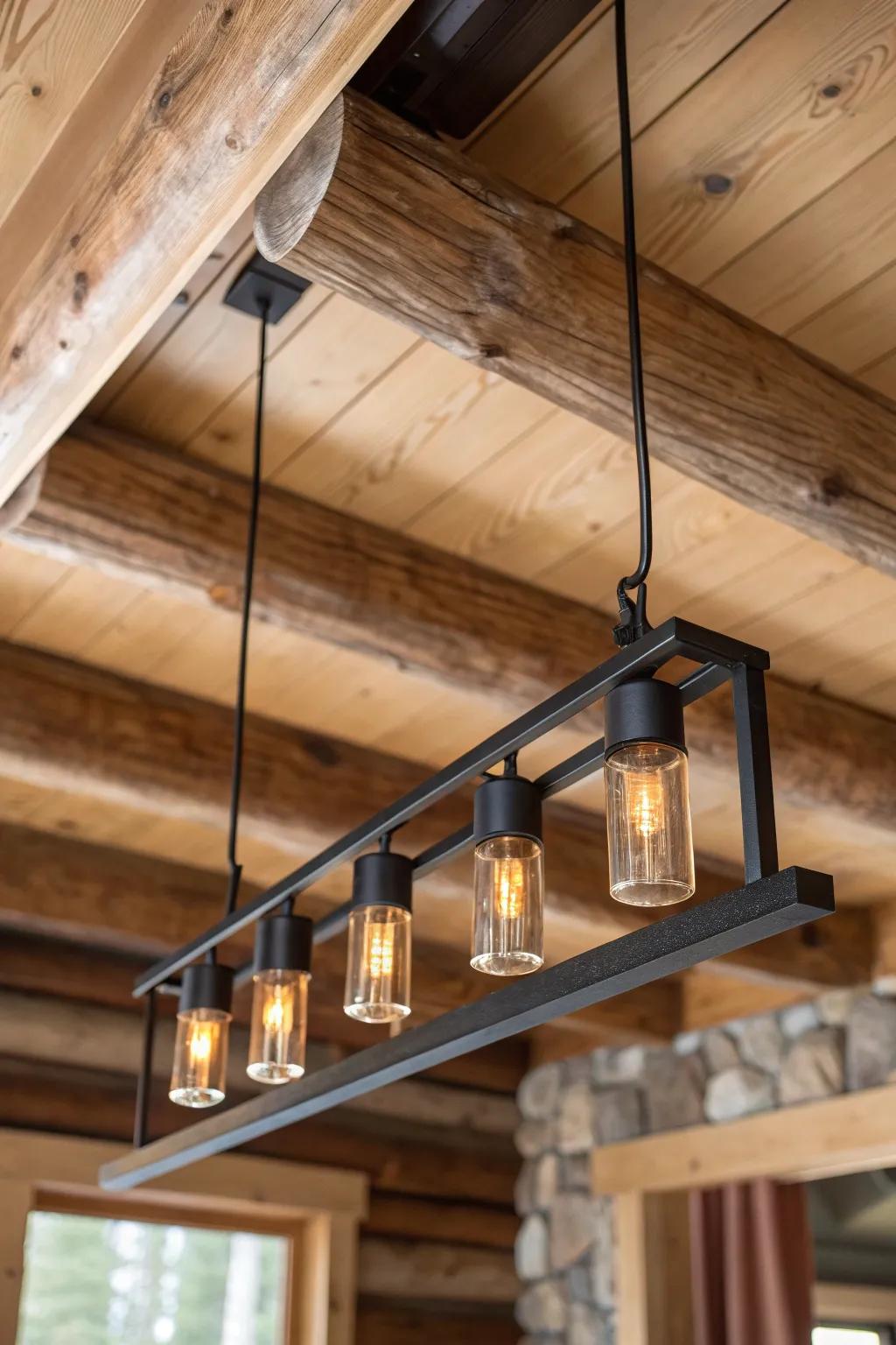 Handcrafted linear chandelier in black metal and oak—perfectly aligned with a log cabin beam.