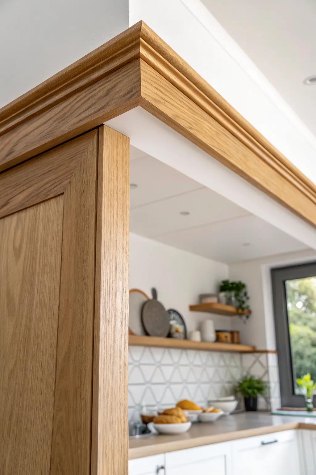 Wood-trimmed soffit drop: a crisp ceiling transition that visually grounds the work zone.