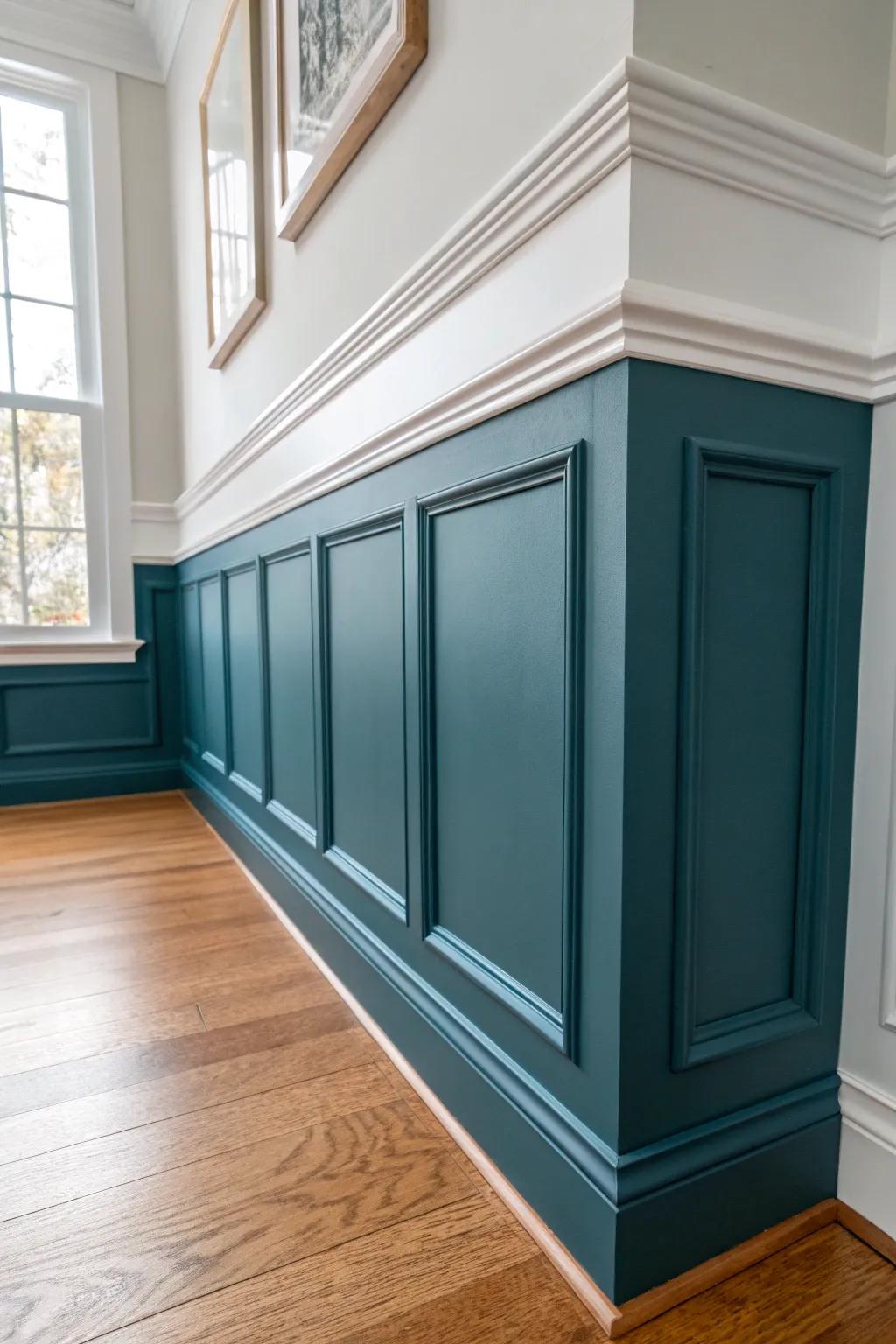 Picture frame molding below the chair rail for an instant custom look—clean, bold, and timeless.