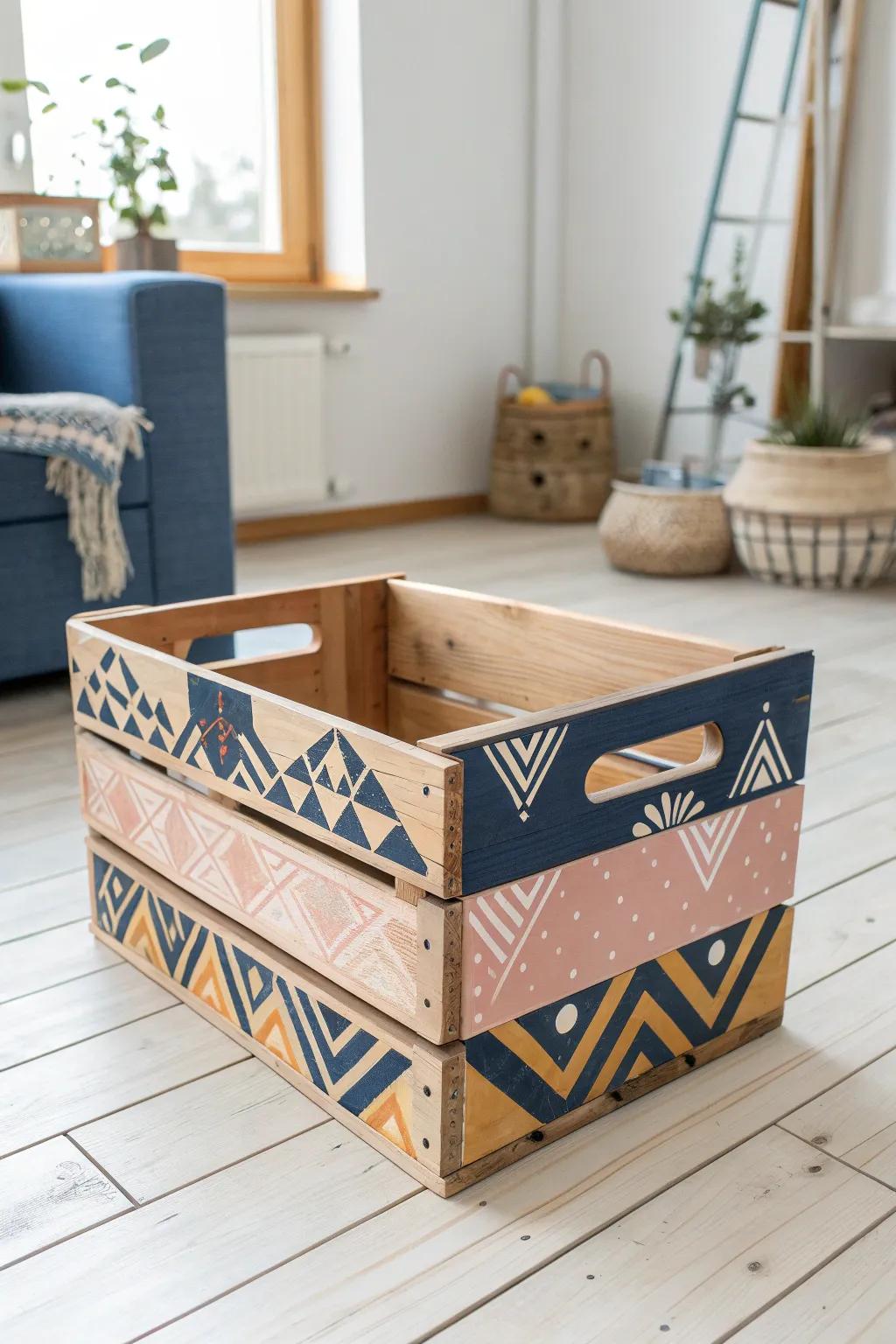 Transform your storage with stunning geometric designs using chalk paint on wooden crates!