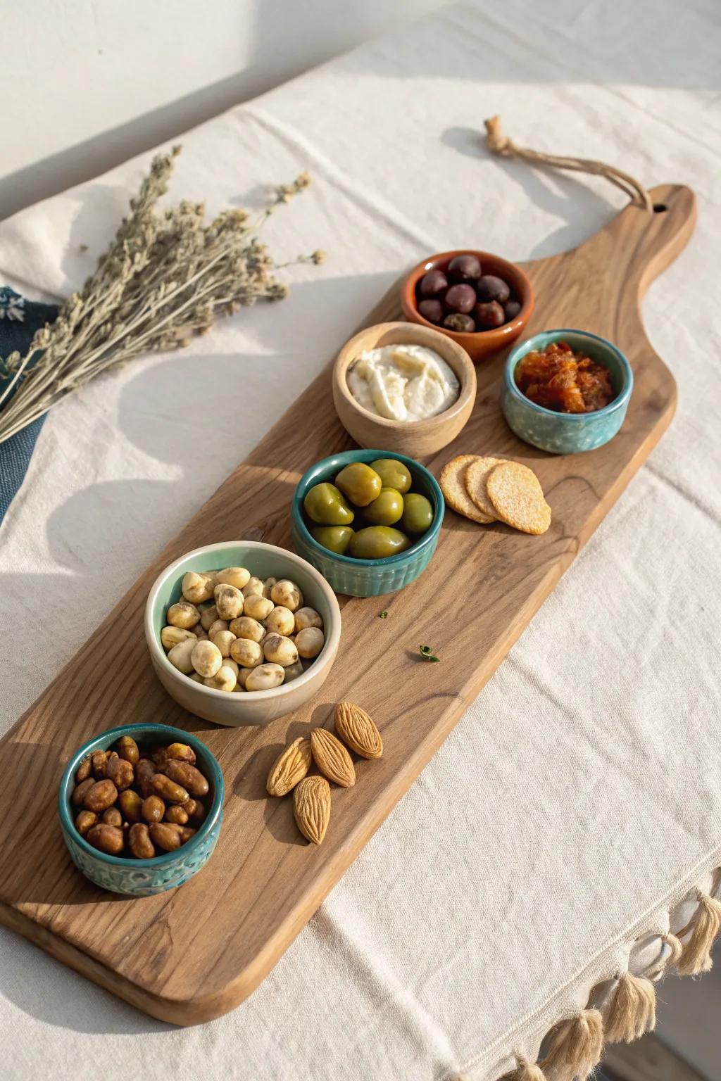 Big bowls, small bowls—keep olives, pickles, and dips tidy with a beautiful wooden board.