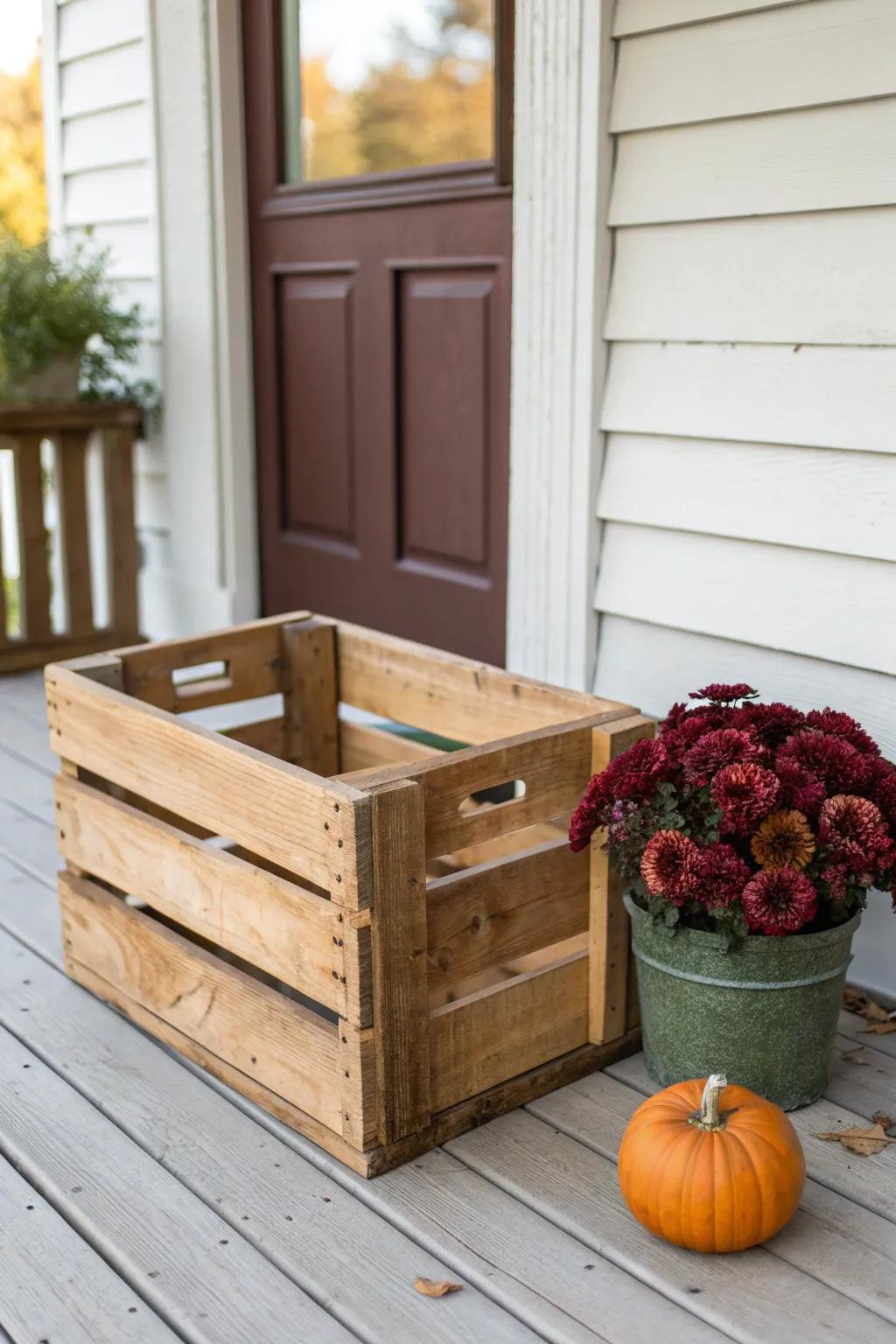 Thrifted wooden crate riser + mums: a simple, budget-friendly way to add porch height for fall.