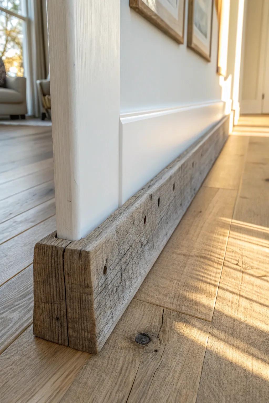 Reclaimed barnwood strips make cheap baseboards feel authentically rustic with instant patina.