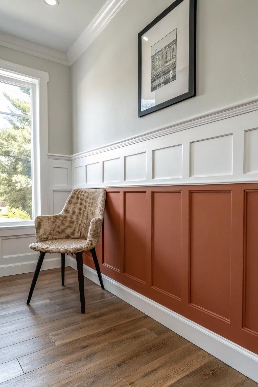 Budget trim, big impact—half-wall wainscoting adds a built-in look with minimal wood.