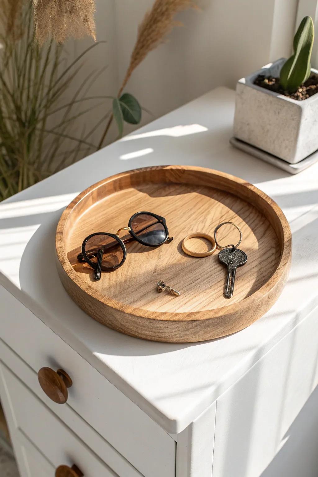 A simple wood tray turns entryway clutter into a calm, curated chest moment.