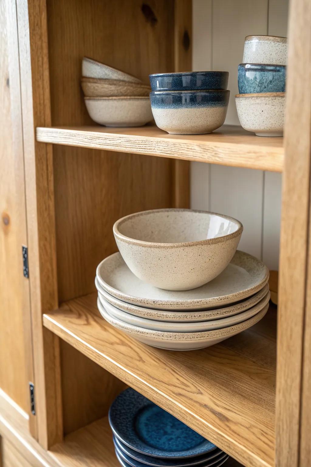 Stacked plates in your china hutch: simple, pantry-practical styling with artisan color.