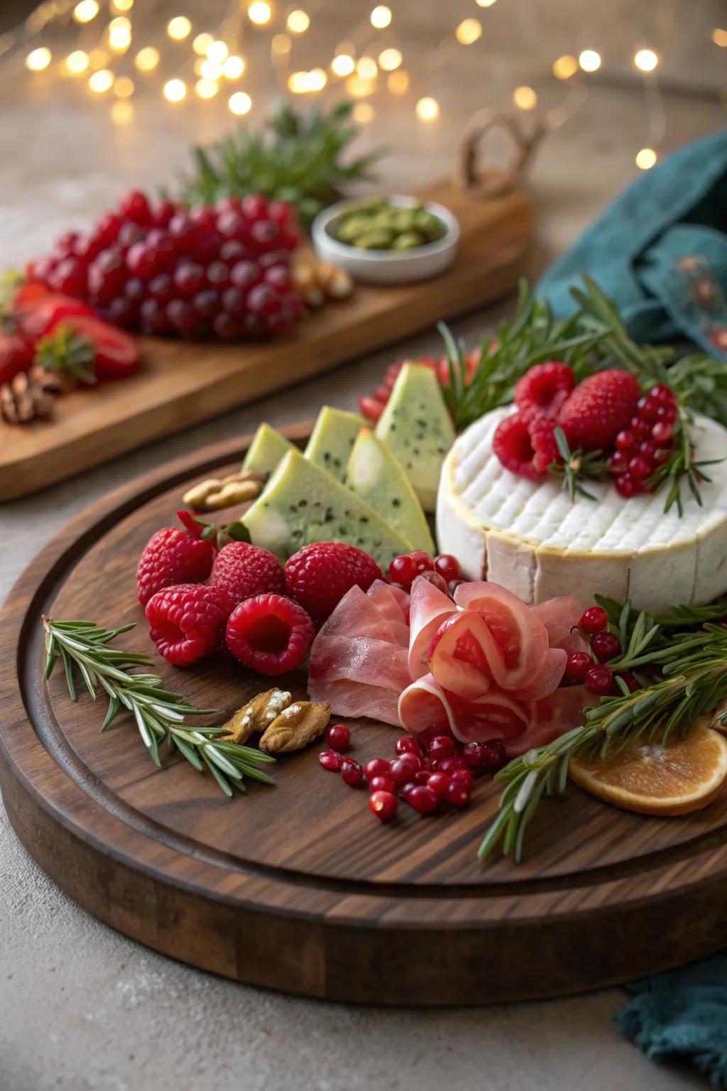 Red-and-green Christmas cheese board on a walnut board—simple, striking, and party-ready.