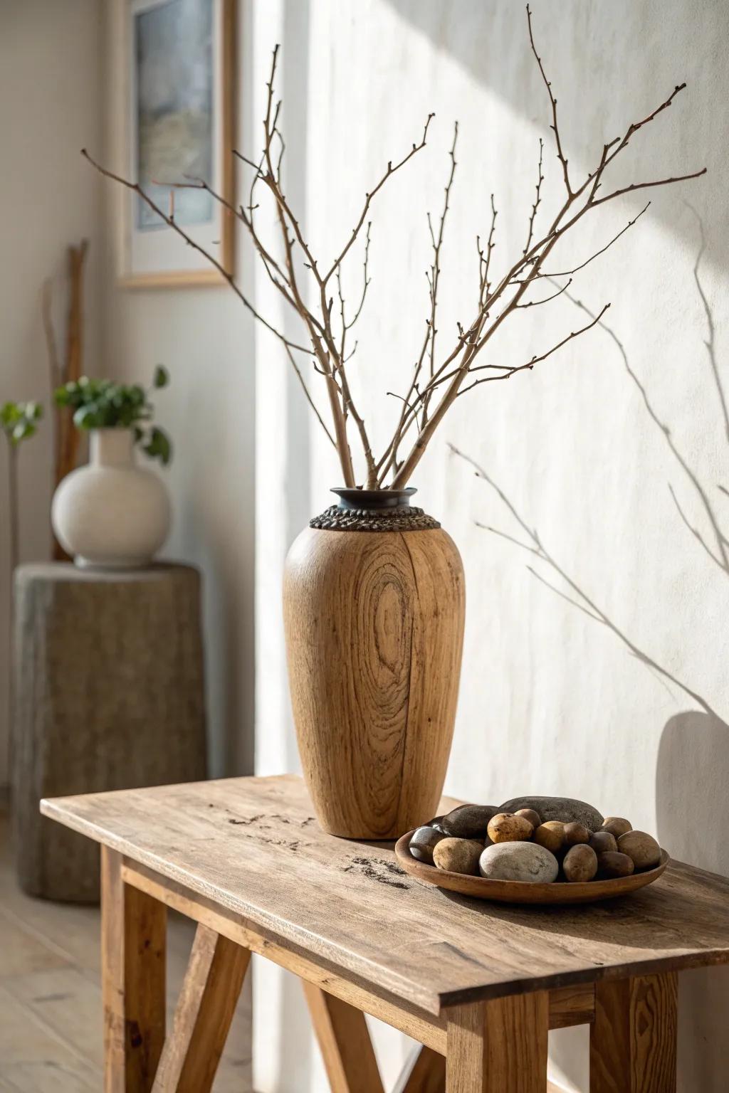 Tall bare branches in a rustic wooden vase—simple, dramatic lift for a cozy entry table.