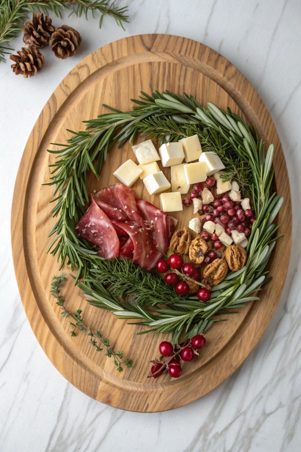A wooden wreath-style grazing ring with greens, cheese, and cranberries—holiday wow in minutes.