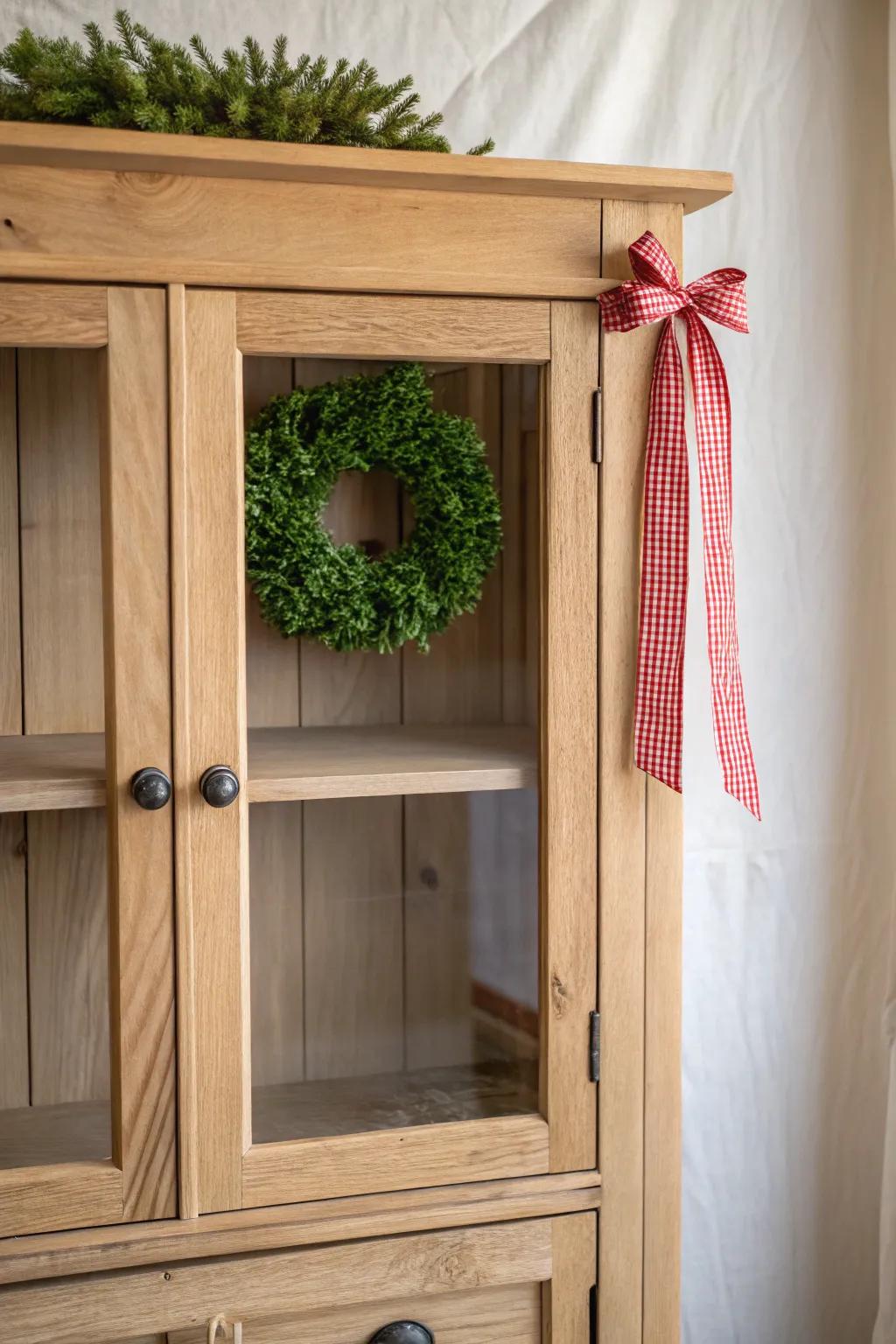 Mini wreath + gingham ribbon turns a simple hutch door into a chic Christmas focal point.