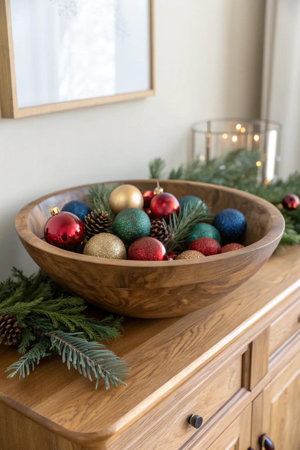 Oversized ornaments in a wooden dough bowl—fast, festive, and beautifully Scandinavian.