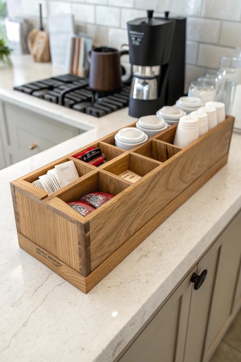 Handcrafted oak coffee caddy keeps church self-serve stations flowing—cups to lids in one line.