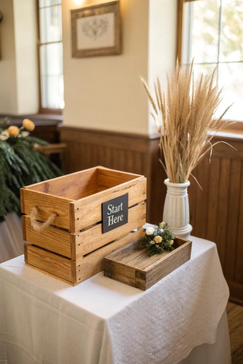Upcycled wood crate riser adds height and an inviting “start here” flow to your welcome table.