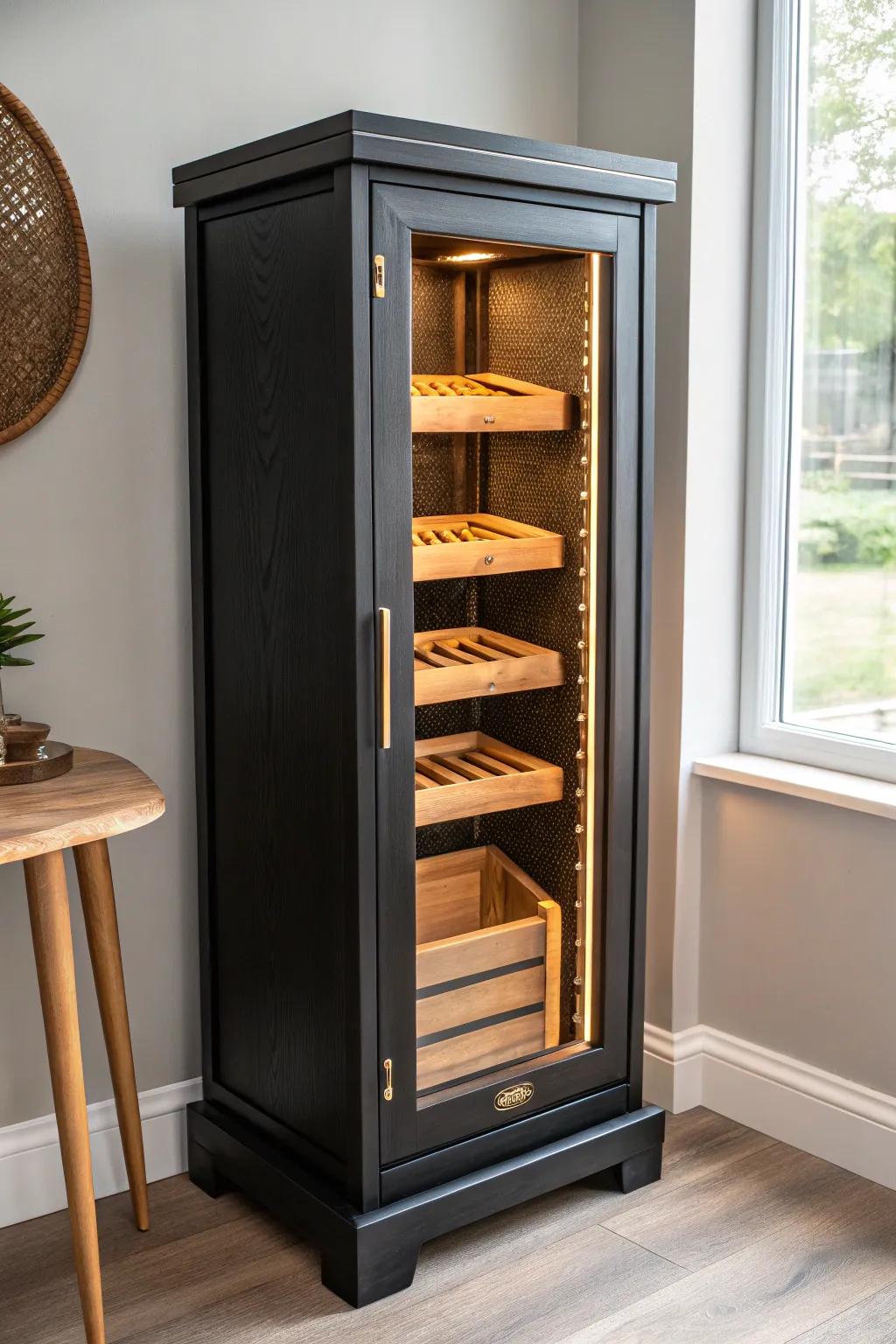 Cedar-lined humidor cabinet—minimal outside, warm glow inside, crafted as a statement piece.
