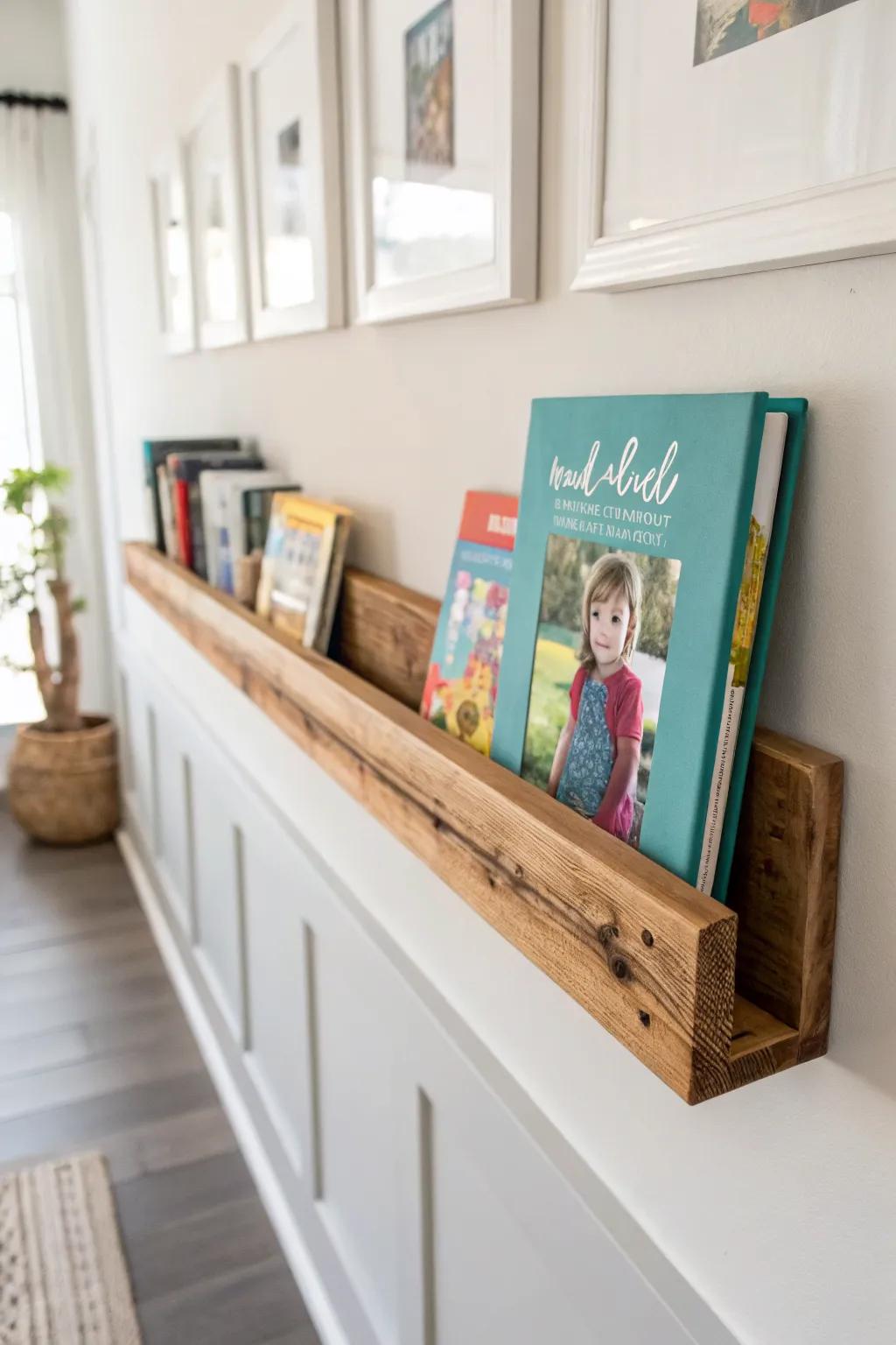 Forward-facing reclaimed wood ledge shelf that showcases colorful book covers like a mini bookstore.
