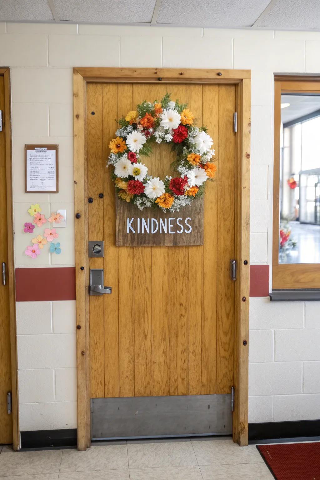 Kindness Wildflower Door: bold paper blooms on warm reclaimed wood for a sweet class vibe.