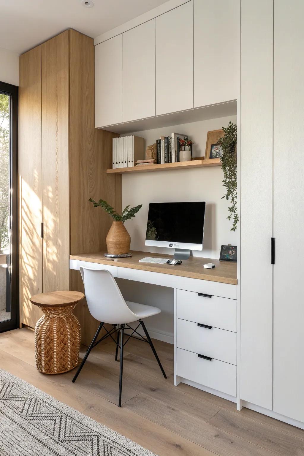 A built-in closet desk with base cabinets for sturdy support and furniture-grade storage.