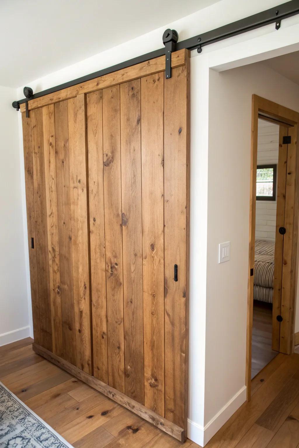 Space-saving reclaimed-wood barn door that adds cozy texture and style to tiny closets.