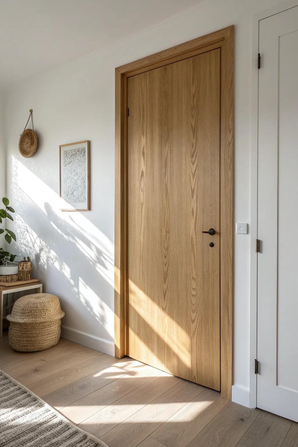 Modern flat-panel slab doors: clean oak grain, simple hardware, and a calm farmhouse feel.