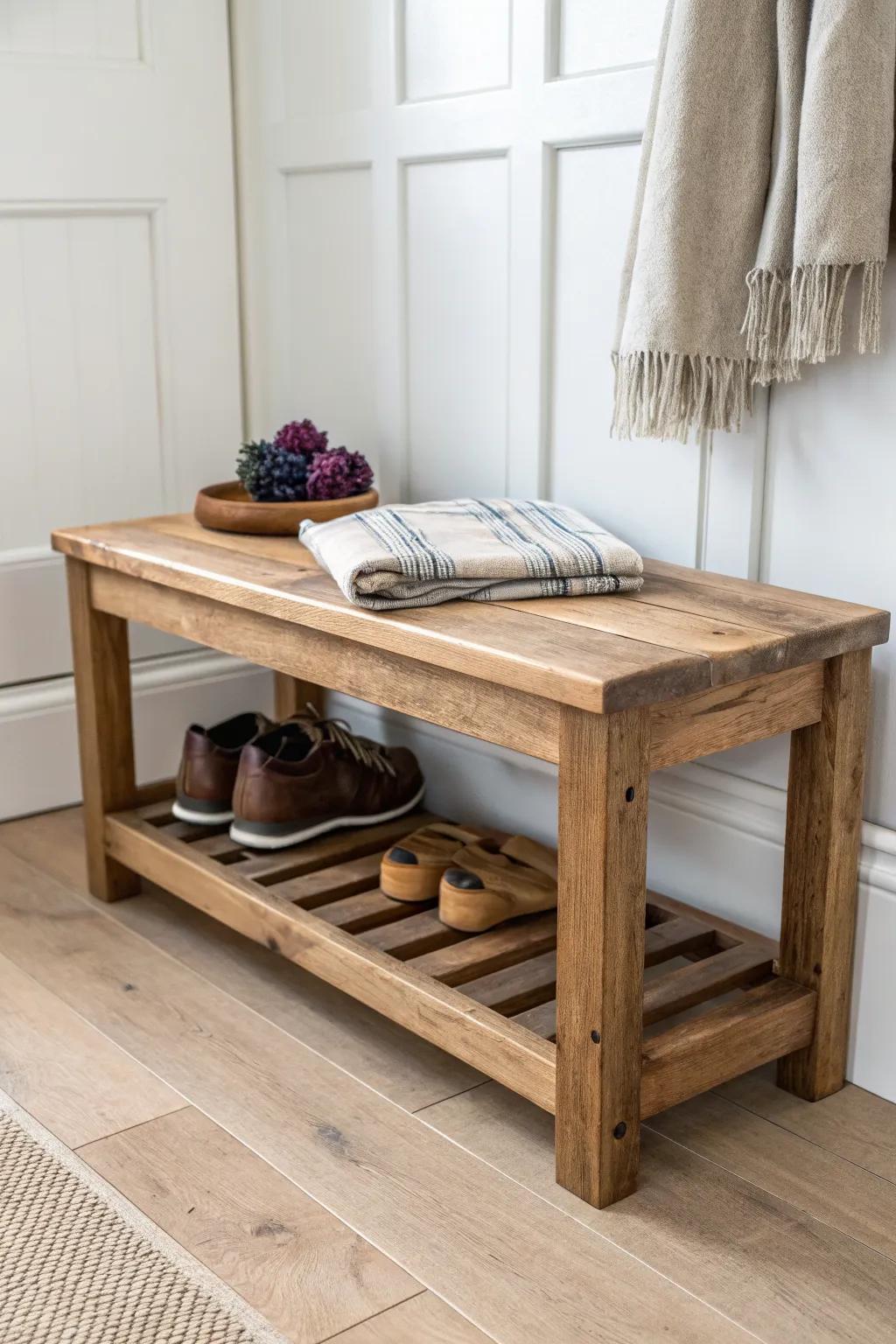 Reclaimed-wood shoe bench with a slatted shelf—calm, breathable storage with warm texture.