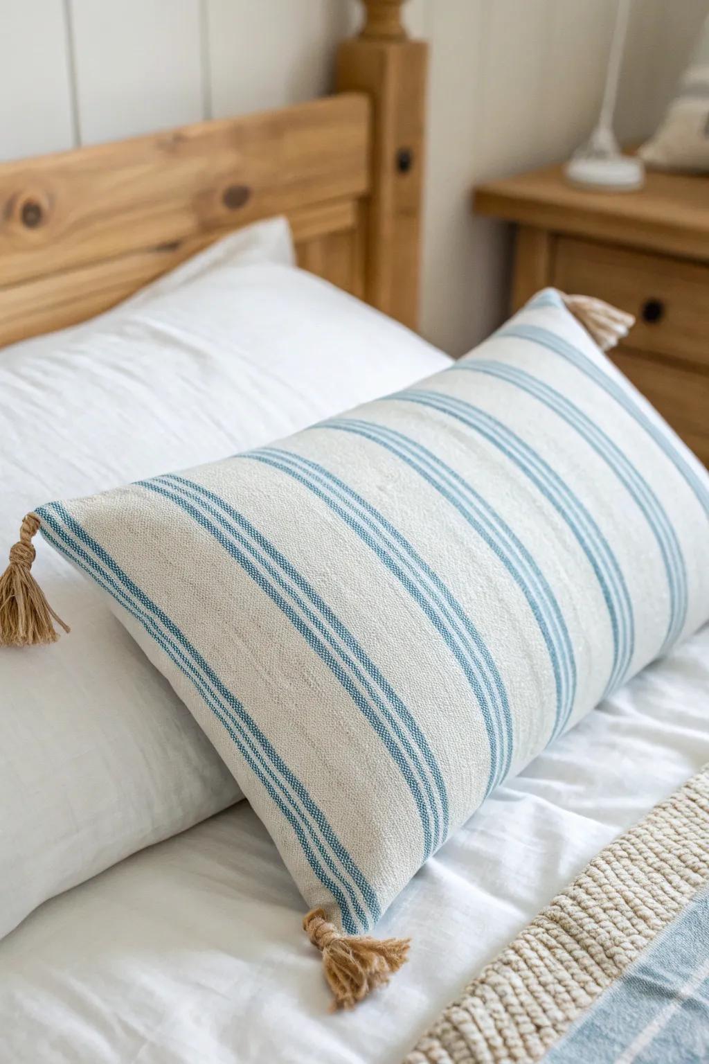 Soft blue ticking stripes on a handmade lumbar pillow bring a subtle coastal pop to farmhouse calm.