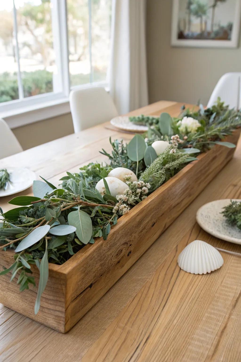 Reclaimed wood trough filled with lush greens and shell accents for effortless coastal tablescape.