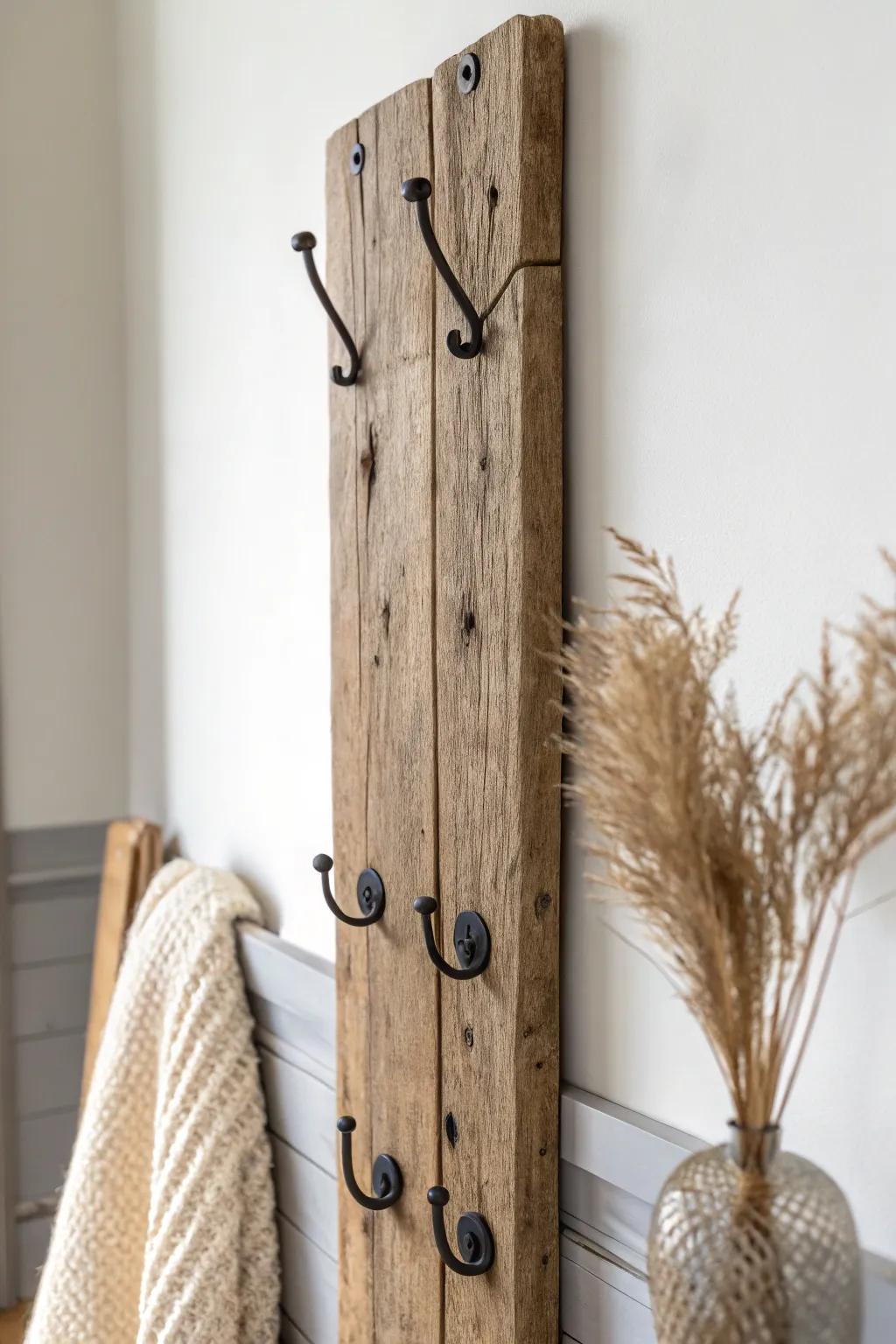 Rustic reclaimed plank hook board with matte black hooks—farmhouse charm, clean Nordic contrast.