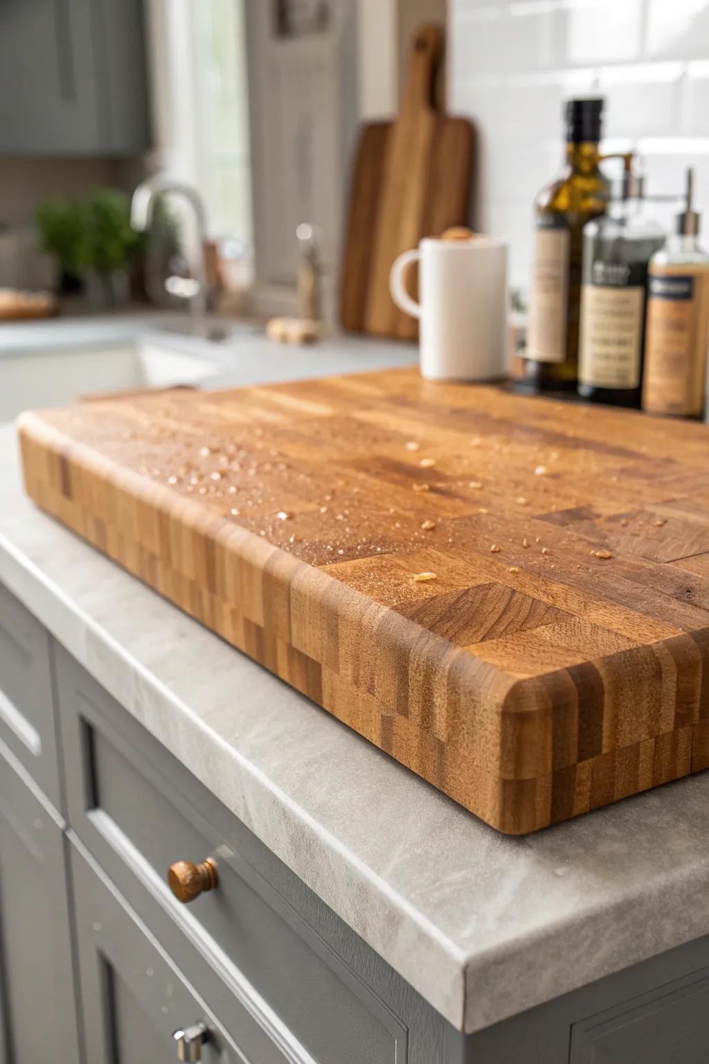 A thick, freshly oiled butcher block top adds warmth to your coffee-and-cocktail bar.